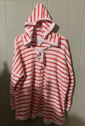 Striped Hooded Lace-Up Sweater - Pink & White thumbnail 1