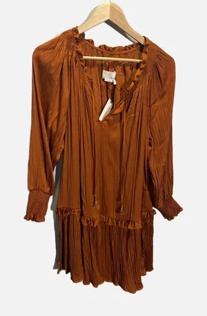 Anthropologie Pleated Mini‎ Dress Giulia XS Orange Ruffle Tiered Boho Fall thumbnail 1