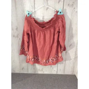 Tantrums Women Rust Terracotta Smocked Off Shoulder Embroidered Rayon Blouse L thumbnail 2