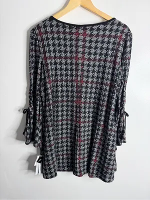 Sandra Darren Houndstooth Plaid Dress Bell Sleeve Black Burgundy Large Work thumbnail 3