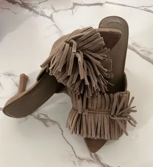 A New Day Women’s Taupe Suede Fringe Pointed Toe Heeled Mules – Boho Memory Foam Slip-On Heels NWT thumbnail 1