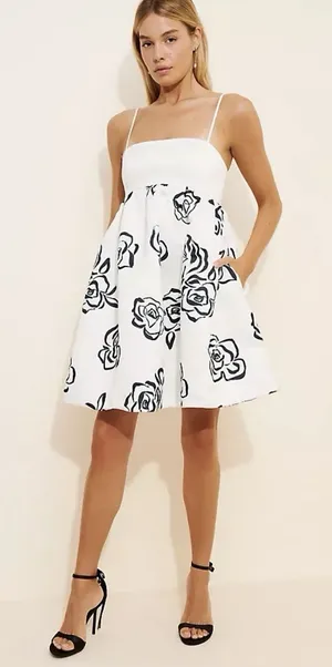 Maeve Anthropologie Square Neck Babydoll Mini Dress White Black Rose Print XS thumbnail 1