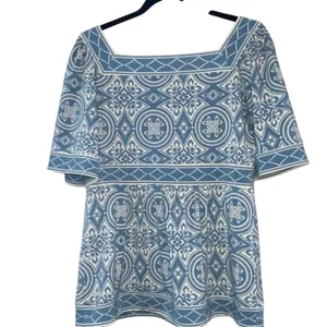 BCBGMaxazria Blue Cream Tile Print‎ Top Medium Square Neck Peplum Boho Coastal thumbnail 3
