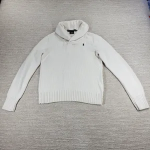 Ralph Lauren Sport Shawl Collar Sweater Womens Small White Preppy Blue Pony thumbnail 2