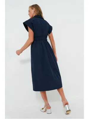 New Tuckernuck Navy Blue Chloe Midi Dress Small Belted Collared Moir Classic thumbnail 4