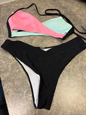 PINK Victoria's Secret Pink & Mint Triangle Bikini Top with Black Bottoms thumbnail 1