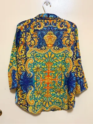 Vibrant Paisley Button-Down Shirt in Blue & Yellow - Women’s Classic Collar thumbnail 2