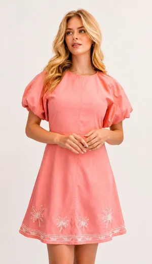 GIGIO Palm Tree Embroidered Linen Mini Dress Bubble Sleeve L thumbnail 1