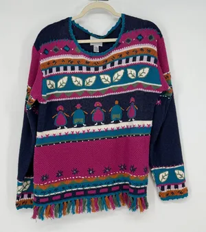 Blast‎ Folk Art Knit Sweater Fringe Hem Nordic People Winter Medium Novelty thumbnail 1
