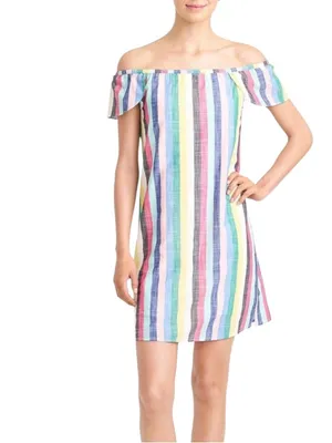 J. Crew Off-The-Shoulder Rainbow Stripe Mini Shift Dress. Size 14 thumbnail 3