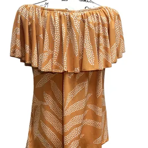 LulaRoe Alana ruffle flounce top. Mustard Gold Cream Palm design Large thumbnail 4