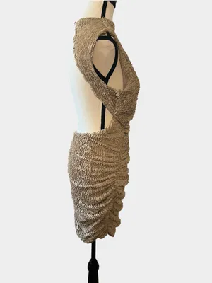 NWT Babyboo Aphrodite Beige Textured Ruched Open Back Mini Dress M thumbnail 8
