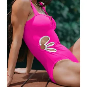 NWT Neon Pink Slimming Floral Cut Out Colorblock Ruched Cheeky One Piece Swim-XL thumbnail 3