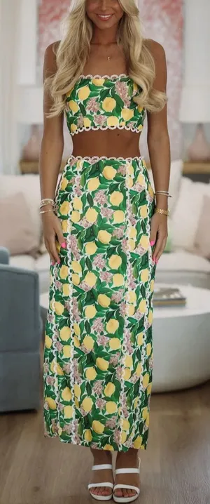 Lemon and floral print Maxi Skirt and tank matching set Lemon Yellow and Green S thumbnail 1