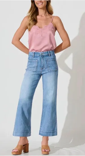 NEW High Waisted Cropped Wide Leg Jeans Stretchy Loose Denim Pants 4 thumbnail 1
