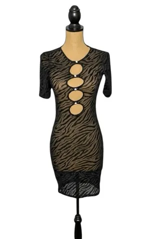 Lioness Sheer Flocked Zebra Mesh Mini Dress XS Black Cutout Bodycon thumbnail 1
