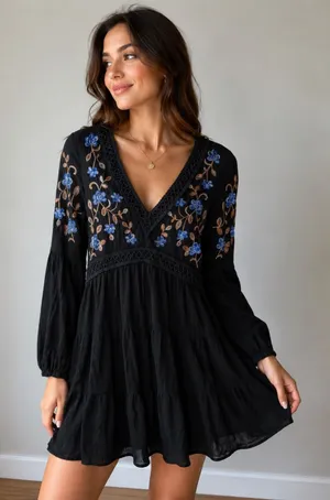 Blue Rain Black Floral Embroidered‎ Boho Tiered Mini Dress XS WS50897 thumbnail 1