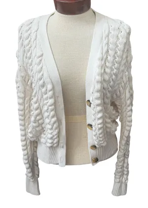 Ann Taylor Weekend Cardigan Chunky Knit Sweater Medium Soft White Cotton thumbnail 1