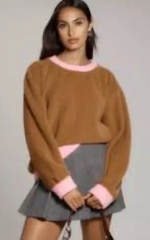 Maeve Anthropologie‎ Cozy Ringer Brown and Pink Fuzzy Sweatshirt Size Medium EUC thumbnail 1
