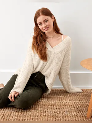 American Eagle Soft & Cozy Cable Knit Hoodie Sweater – Cream/Ivory – XL thumbnail 2