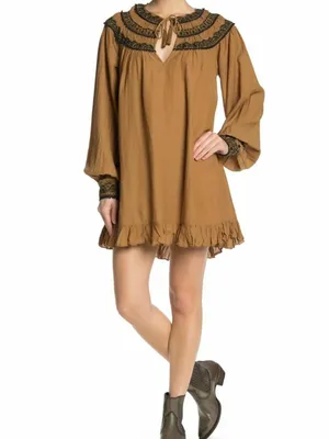 Free People Anthropologie Erin Embroidered LS Bronze Keyhole Mini Dress Size med thumbnail 3