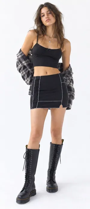 UO Willow Patchwork Mini Skirt Sz XS Black Contrast Stitch Mini Skirt High Rise thumbnail 1
