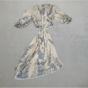 Boho Midi Dress Floral Print Cut Out Tie Back Cuff Sleeve Cream Blue Puff NWOT thumbnail 4