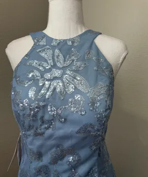 Boutique #3-8 Dusty Blue Sequin High Halter Neckline Sleeveless Column Gown. thumbnail 6
