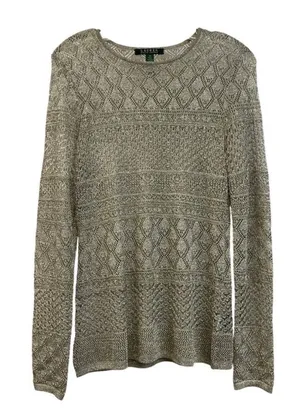 Lauren Ralph Lauren Women's Metallic Gold Long Sleeve Open Knit Pullover Sweater thumbnail 1