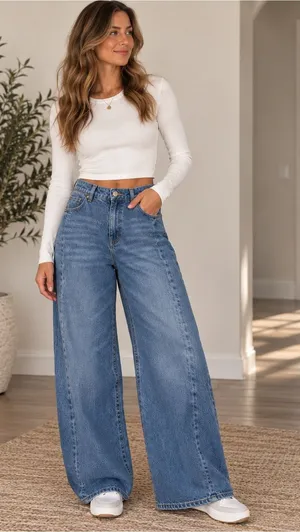 H&M Women’s Size 12 Wide Leg Jeans Medium Wash Relaxed 90s Denim Minimalist thumbnail 1