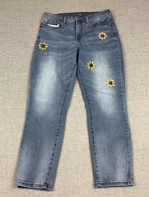 Levi's Jeans Womens 30x24 Blue Medium Wash Straight Floral Embroidered Denim thumbnail 1