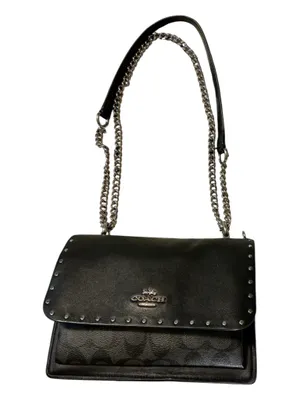 COACH Black Leather & Signature Canvas Studded Crossbody Shoulder Bag w/ Chain Strap thumbnail 5