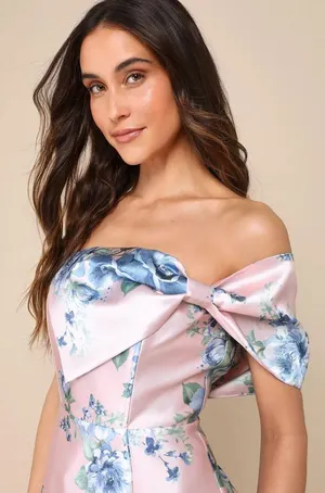 Lulus Soiree Darling Pink Floral Bow Off-the-Shoulder Mini Dress thumbnail 3