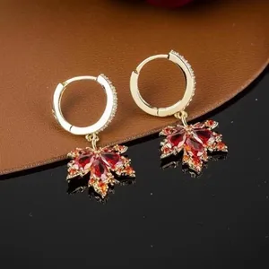 18K Gold Plated Crystal Maple Leaf Dangle Drop Earrings for Women thumbnail 2