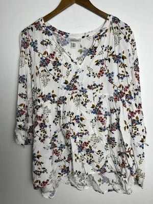 Motherhood Maternity Floral Babydoll Blouse White Blue XL 3/4 Sleeve V-Neck Top thumbnail 1