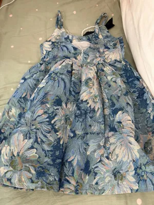 Girls Blue Floral Party Dress with Pearl Straps thumbnail 5
