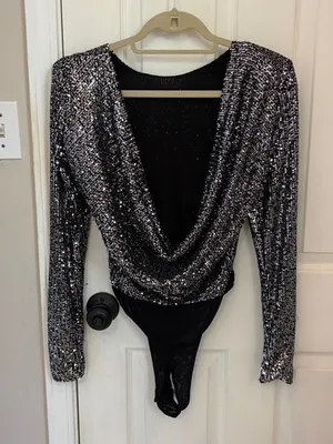 Lulus Shimmering Love Grey Sequined Cowl Back Bodysuit thumbnail 10