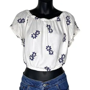 ASTR‎ The Label Women's Embroidered Floral Crop Top White Navy Size Medium thumbnail 9