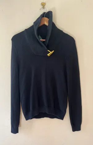 Ralph Lauren Sz XS or PM Green Label Shawl Collar‎ Ribbed Sweater Gold Clasp thumbnail 1