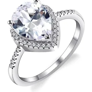 3ct Pear Halo‎ Ring | Rhodium Plated 925 Sterling Silver thumbnail 1