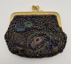 Vintage Beaded Kiss Lock Coin Purse‎ Iridescent Paisley Seed Bead Clutch Bag thumbnail 1