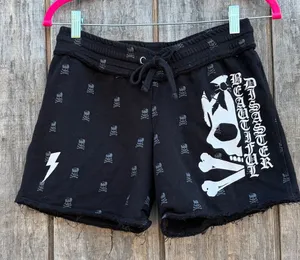Beautiful Disaster RETIRED Raw Hem Skull Design Black Sweat Shorts Size S thumbnail 1