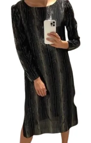Vintage 80s Black Gold Silver Shimmer Long Sleeve Dress size 7 / 8 Shangri La thumbnail 1