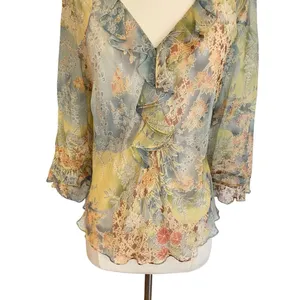 Y2K Silk Floral Ruffle Blouse Fairycore Sheer Top thumbnail 4
