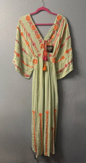 Embroidered V-Neck Maxi Dress in Light Green with Orange Accents thumbnail 1