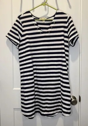 MICHAEL KORS Nautical Women’s 1X Blue & White Striped Dress Short Sleeve V Neck thumbnail 1
