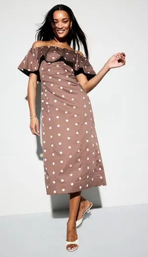 Old Navy Brown Polka Dot Midi Dress thumbnail 1