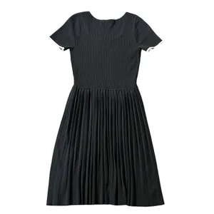 ZESICA Womens Black Ribbed Knit Pleated Midi Dress Short Sleeve Scoop Neck Small thumbnail 4