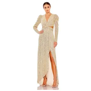 NWT Mac‎ Duggal Metallic Puff Sleeve Front Twist Gown Gold 27050 Sz 8 $298 thumbnail 3