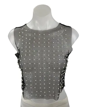 Women's Black Mesh Sheer Beaded Rhinestone Pearl Cami Tank Crop Top Size S thumbnail 1